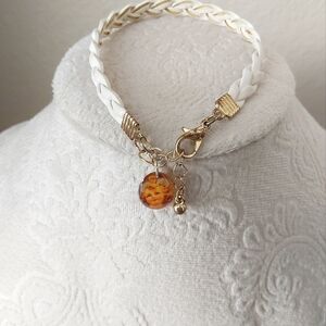 Religious Vintage Faux White Leather Braided Mary and Jesus Bracelet